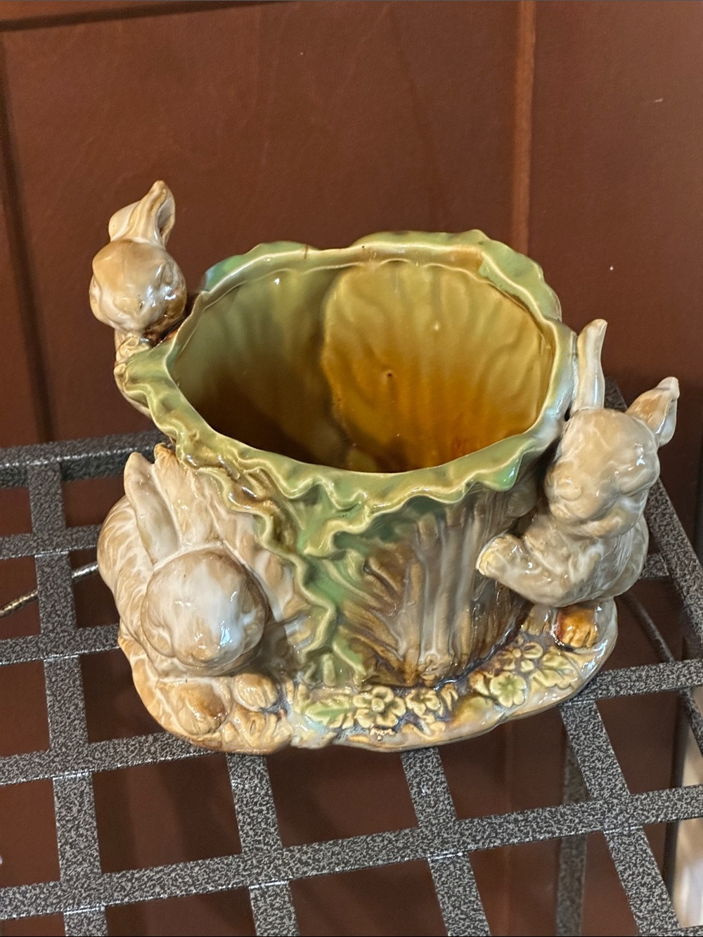 vintage cabbage and rabbit glazed pot